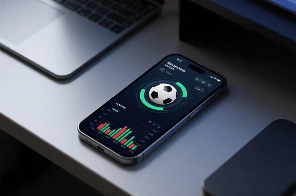 Sports analysis dashboard on a modern smartphone with a soccer ball icon